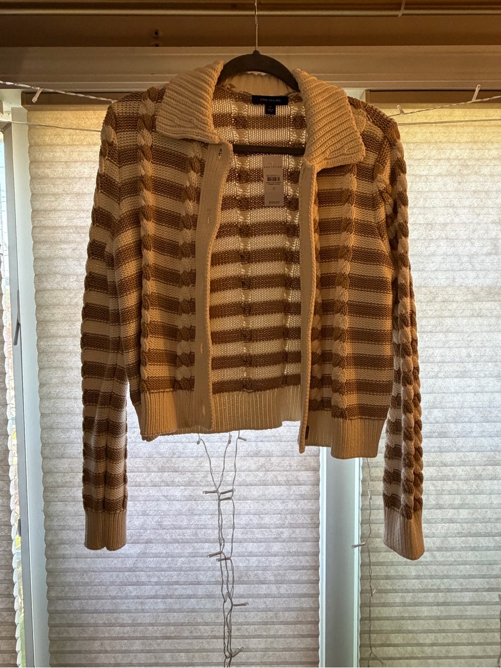 Ann Taylor Striped Knit Zip Sweater Jacket in Cream and Tan